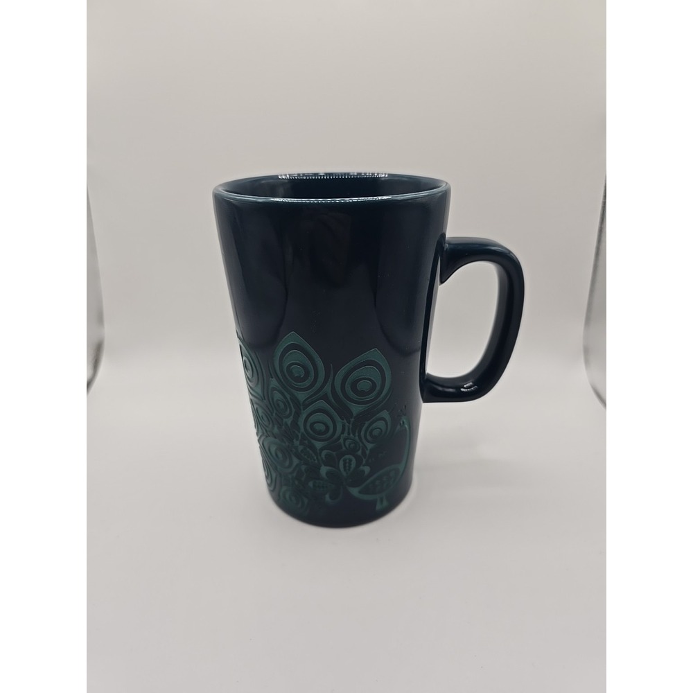 New Teal Blue Etched Peacock Art 12 oz Coffee Tea Cocoa Mug Cup